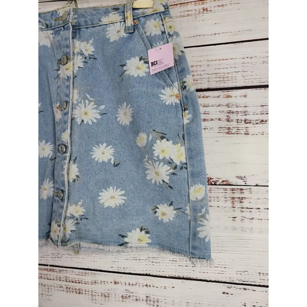 Wild Fable Daisy Print Denim‎ Mini Skirt 0 Womens Blue Button Front NWT